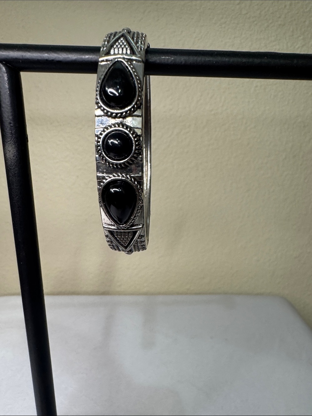 Silver-Tone Men's Cuff Bracelet with Black Stone Accents